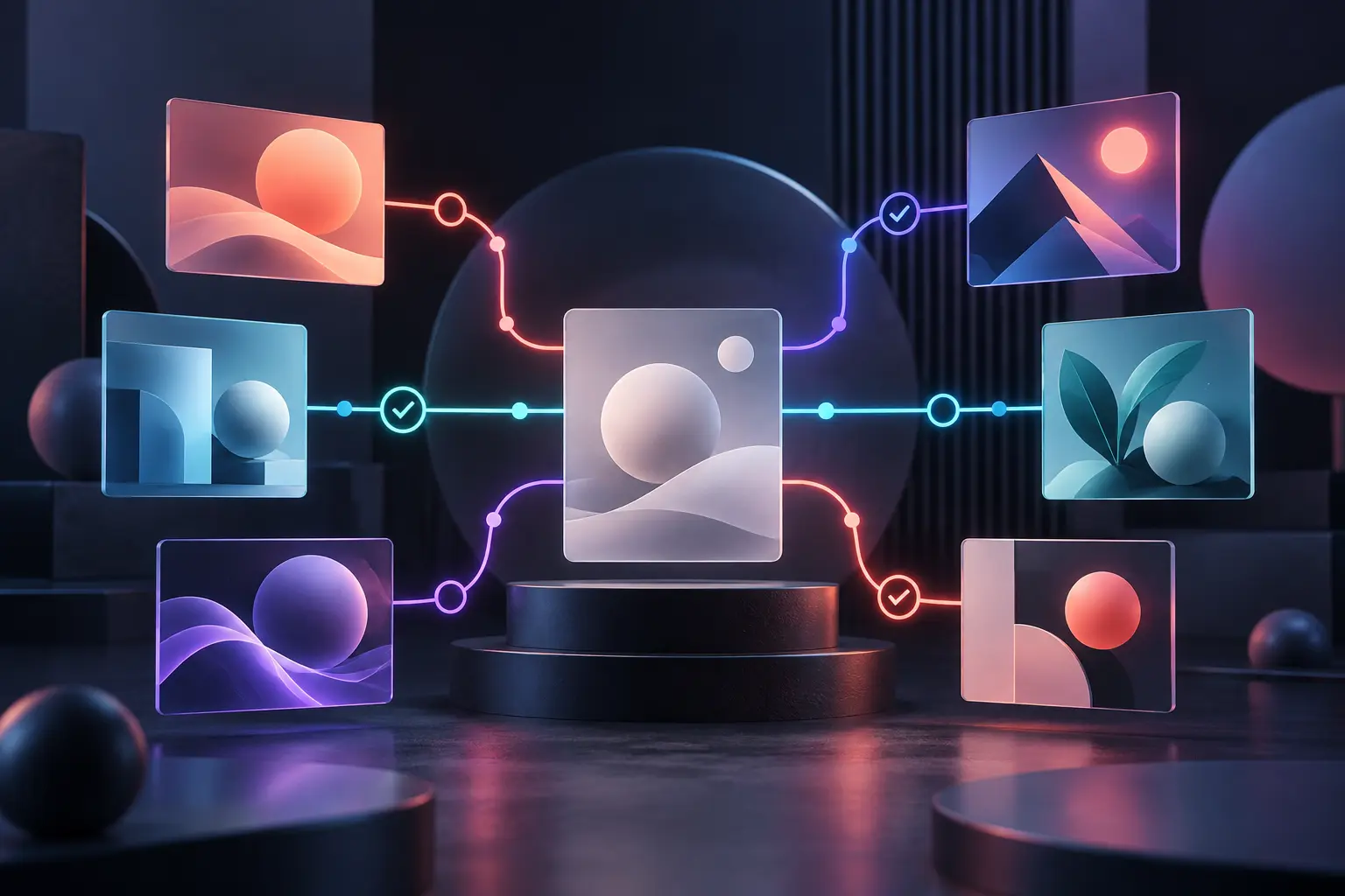 AI advertising campaign creatives connected by optimization paths