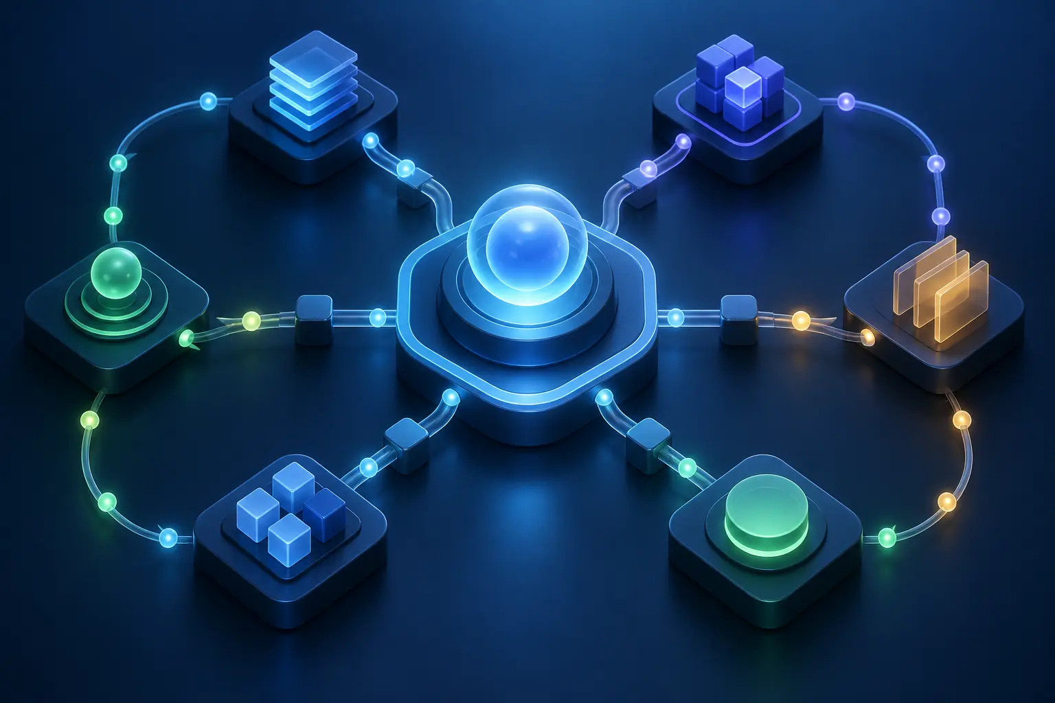 AI agents coordinating autonomous task nodes through a central orchestrator
