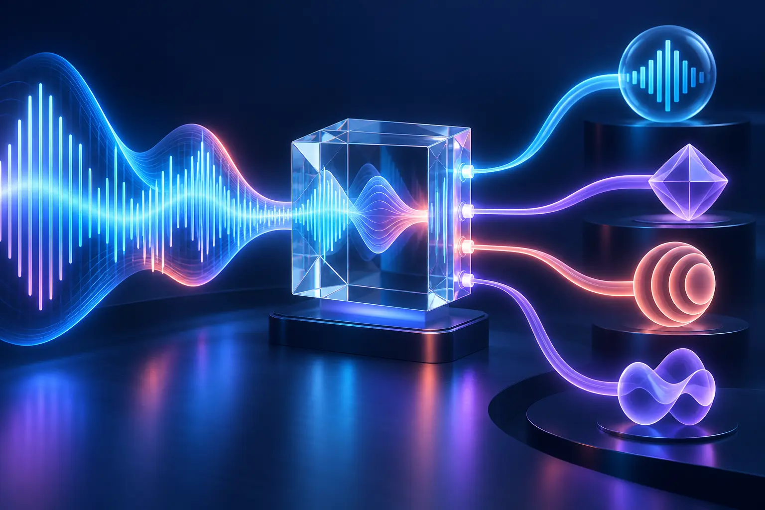 Audio waveform processed into multiple sound forms by an AI hub