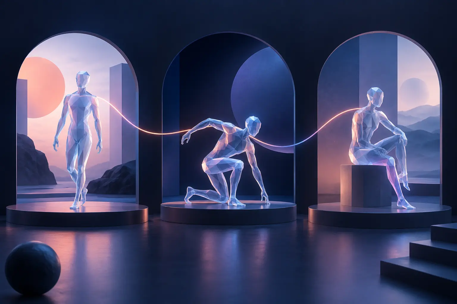 Consistent abstract character shown across three creative scenes