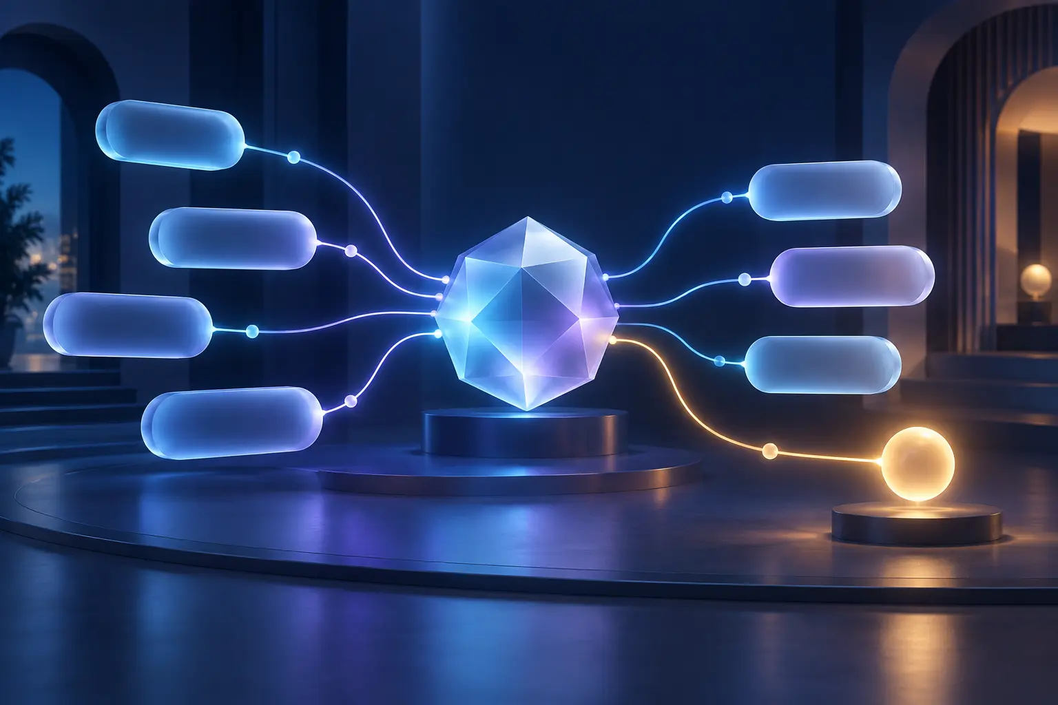 AI chatbot conversation paths connected through a knowledge core