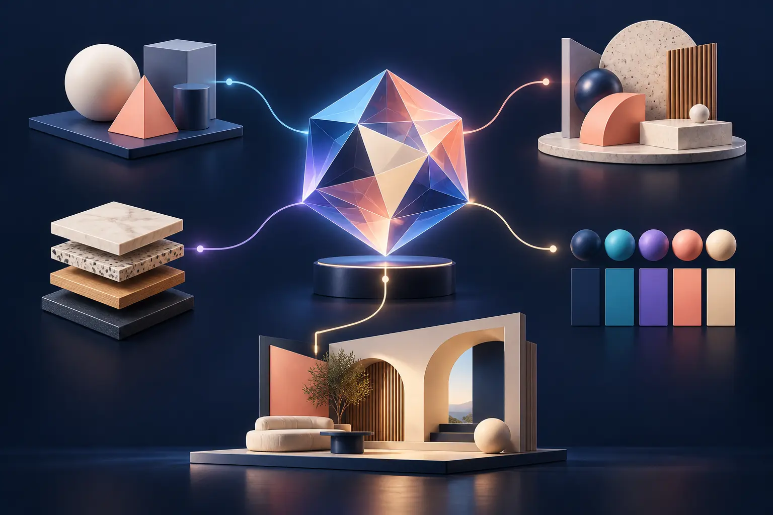 AI design core connecting geometry, materials, colors, and spatial composition