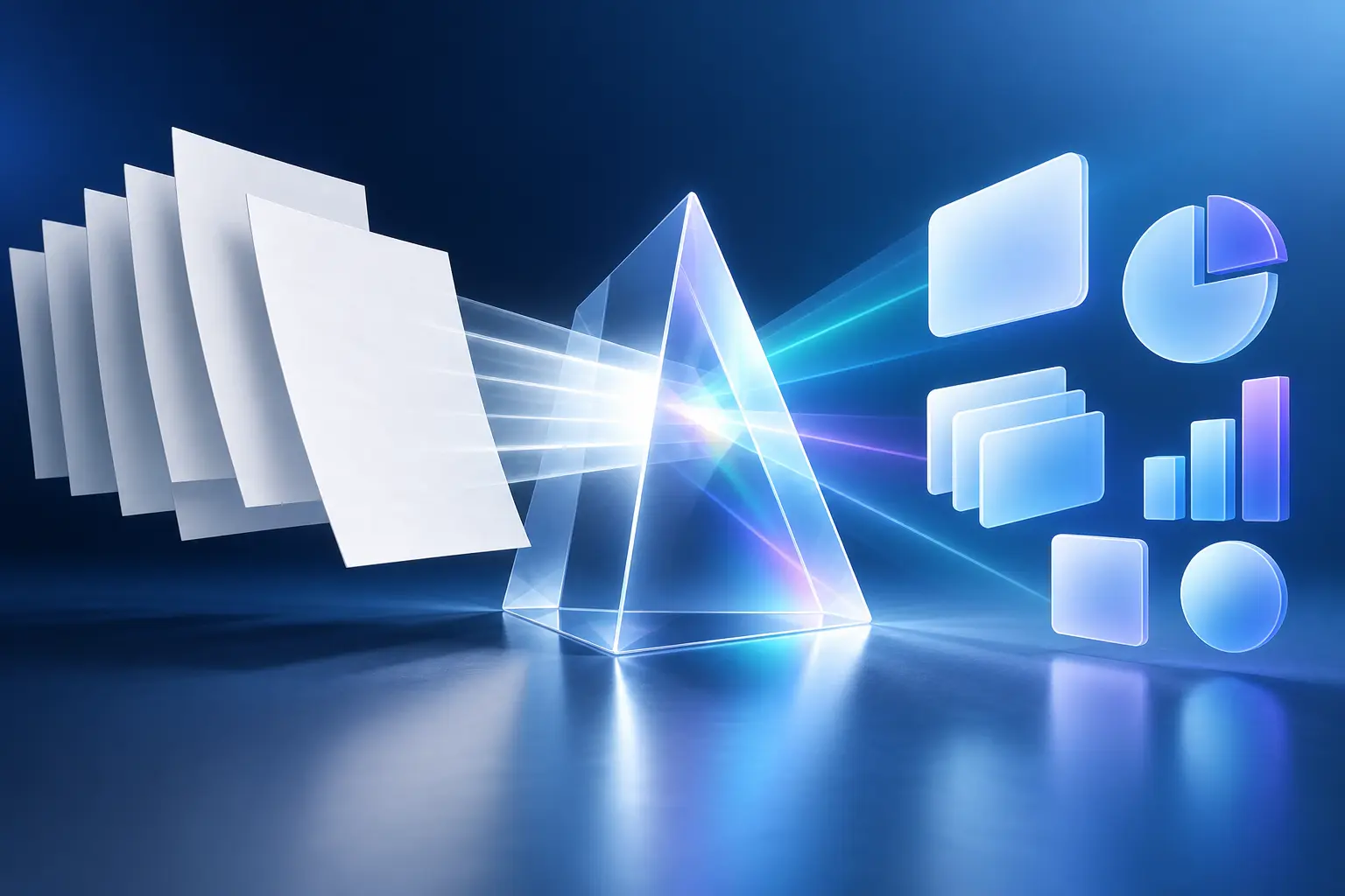 Blank documents transformed through a prism into structured insights