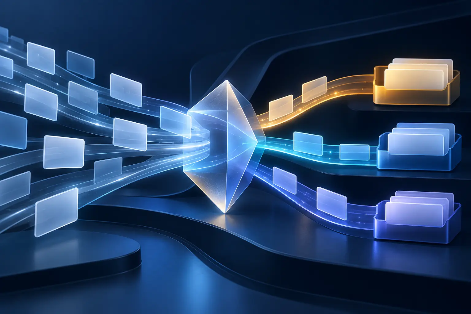 AI email message cards sorted into organized communication streams