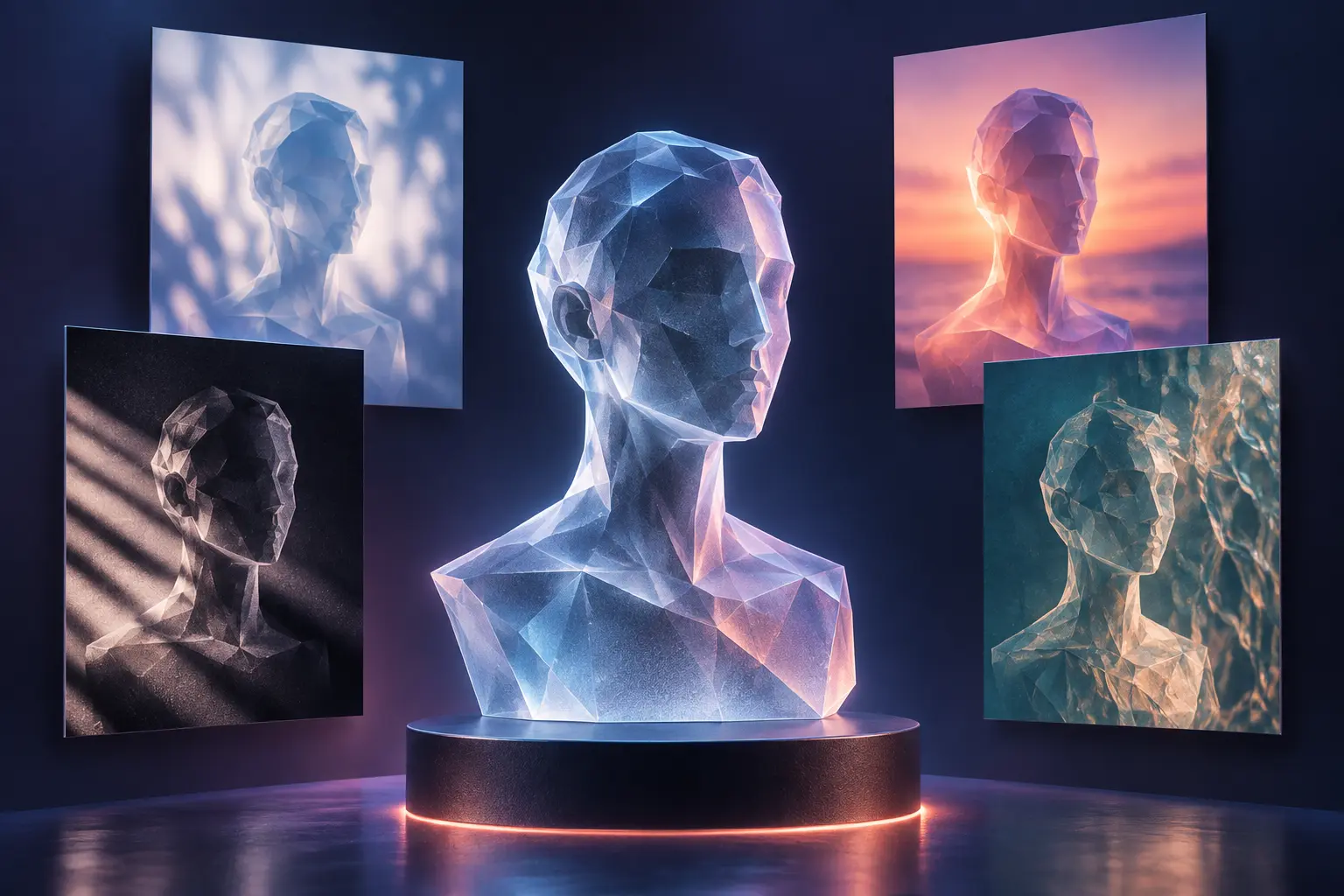 Abstract glass portrait studies representing AI photo tools