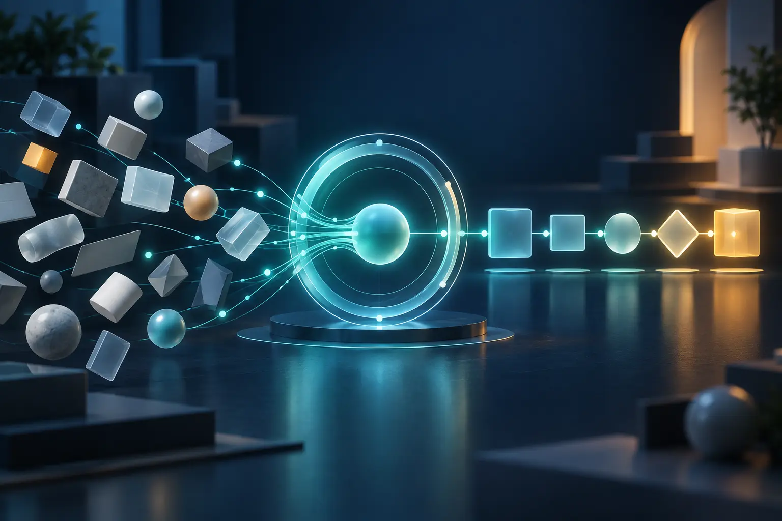 AI productivity task blocks organized through a central workflow ring