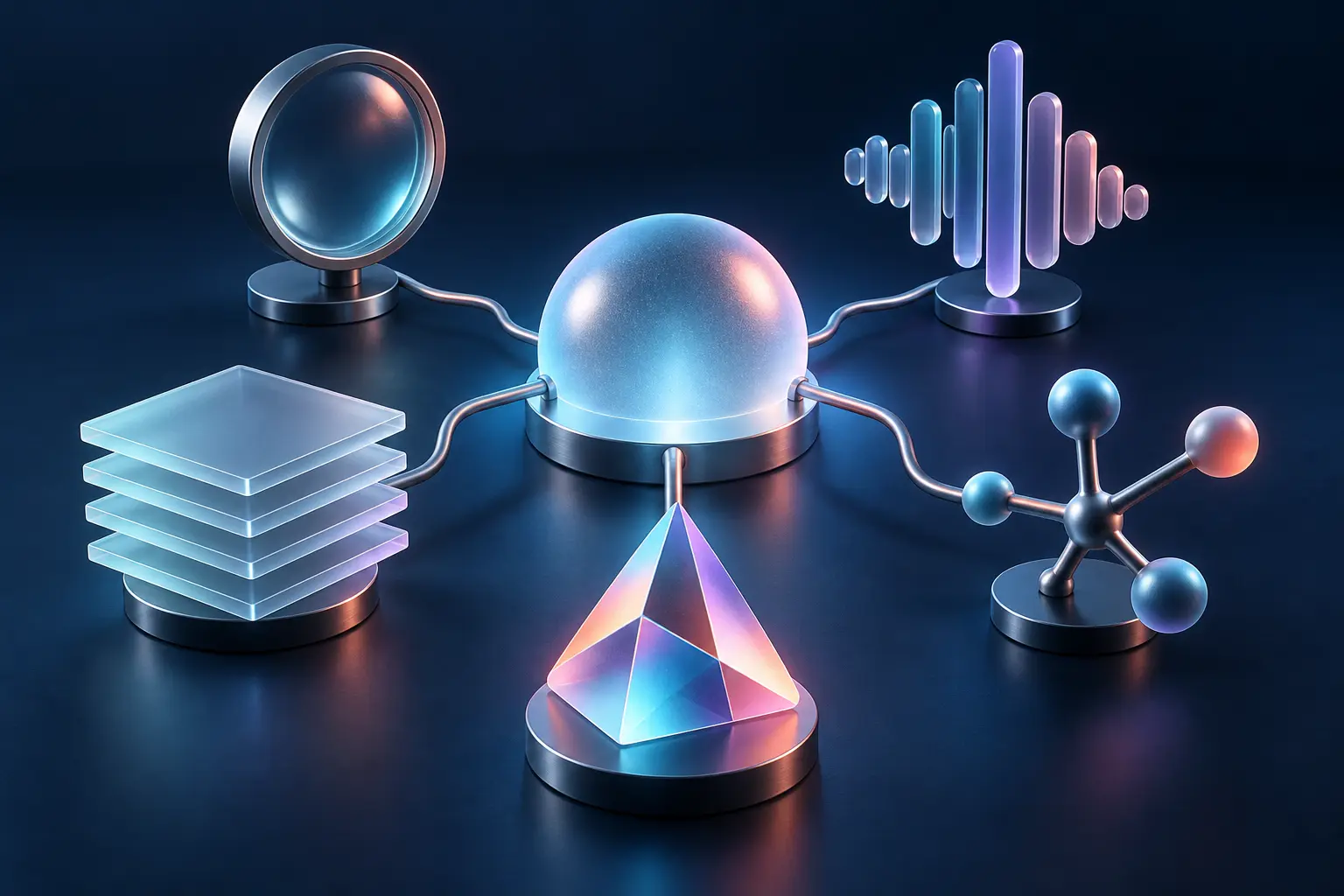 Abstract set of specialized AI tools connected to a central hub