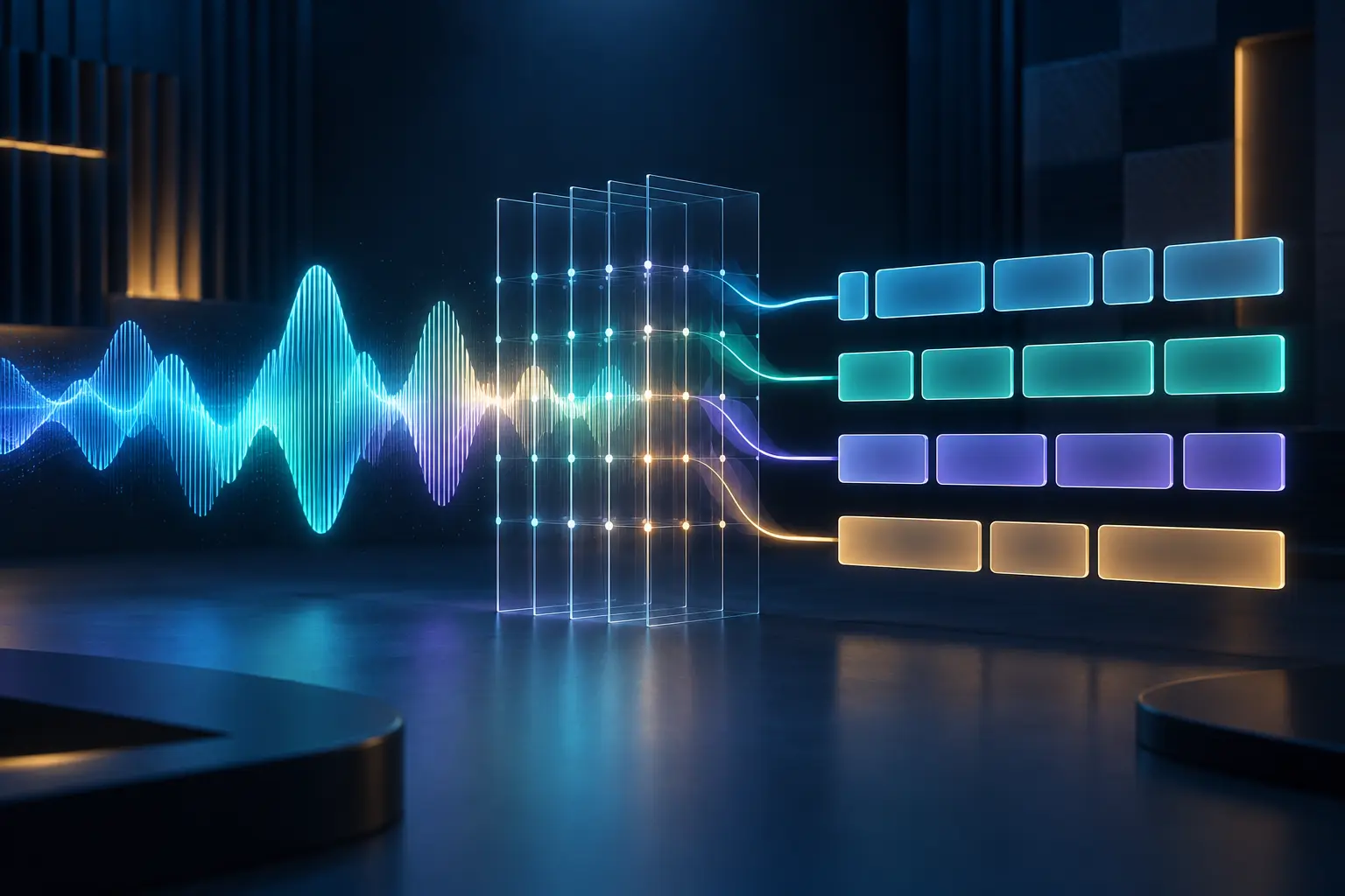 A continuous waveform segmented into organized blank transcript blocks