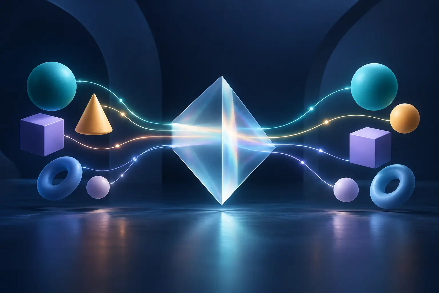 Abstract geometric forms passing through a translucent prism to represent AI translation