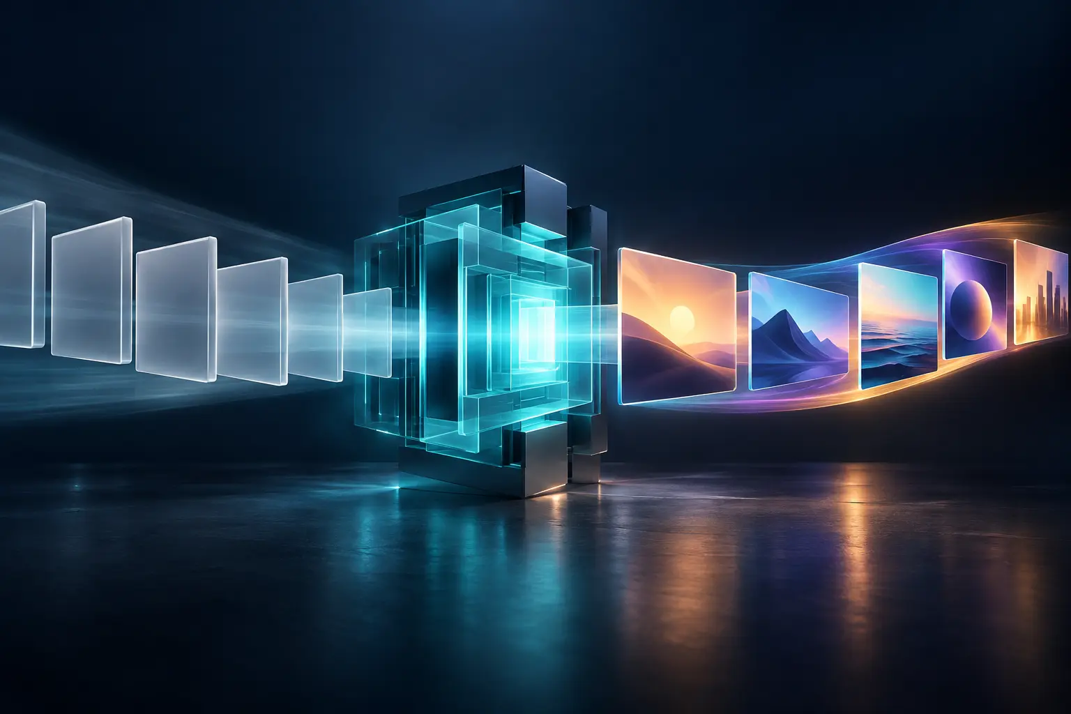 Blank cinematic frames passing through an abstract AI video production core