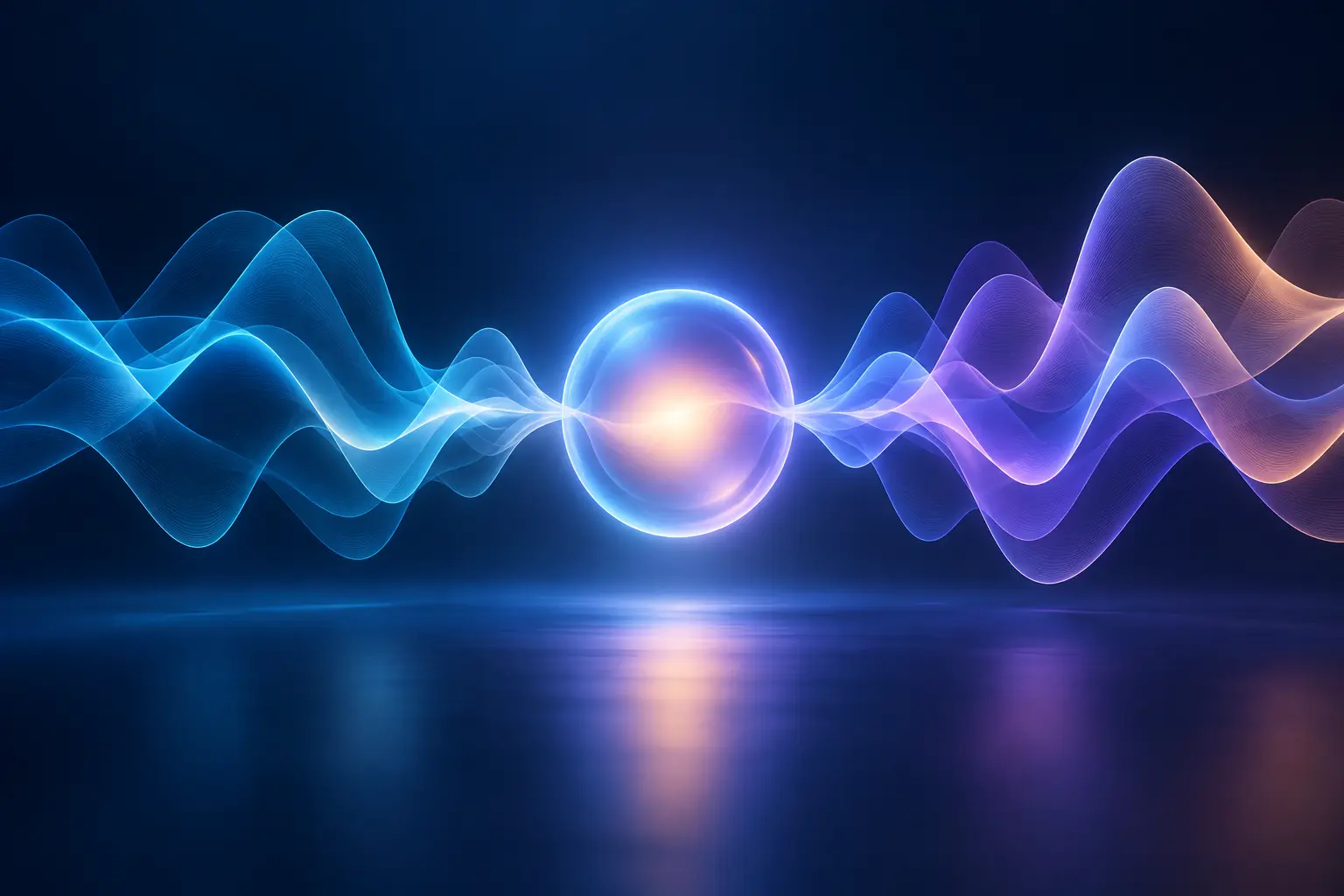 Layered voice waveforms flowing through a luminous AI orb