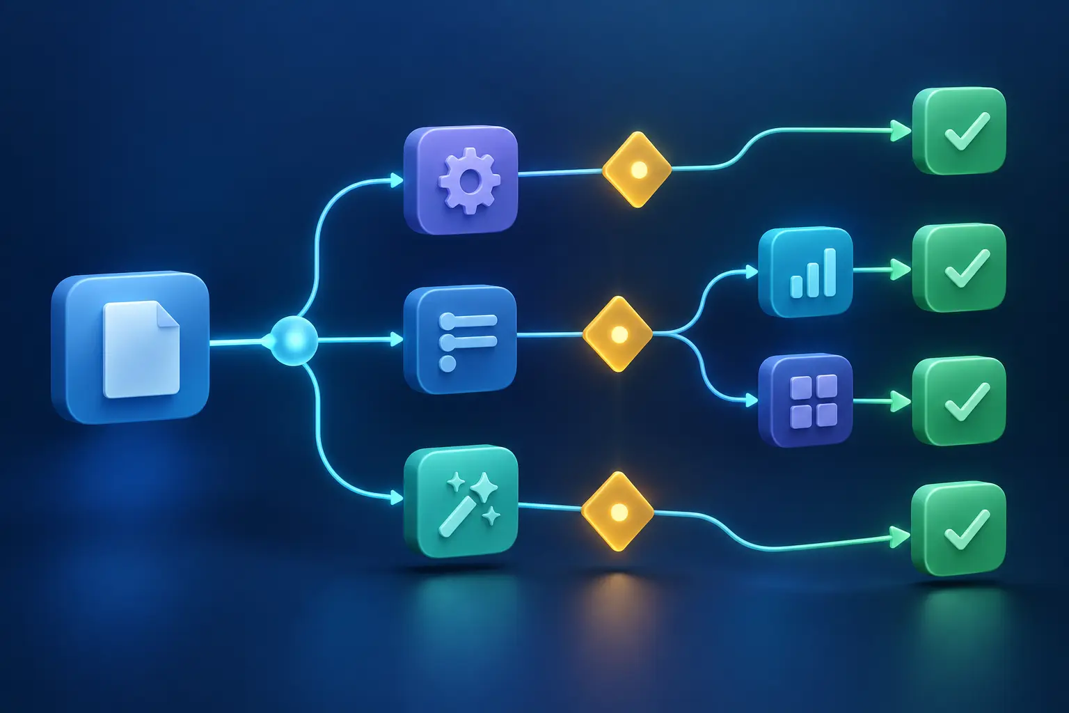 Modular AI workflow branching through transformations and completion checks