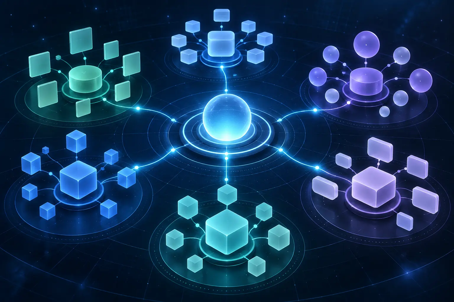 Abstract map connecting multiple AI tool category clusters