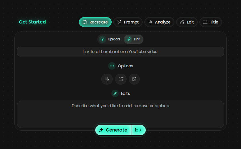 Pikzels Recreate interface with upload or link input, edit instructions, options, and the Generate button.