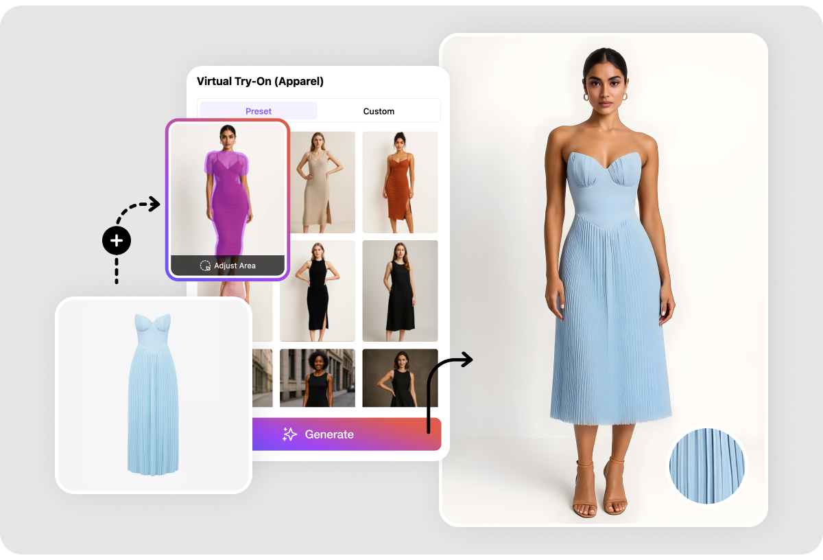 SellerPic Virtual Try-On example showing a blue dress, model presets, and the generated on-model result.